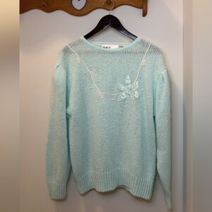 Vintage Women's Light Blue Sweater with Floral Embroidery